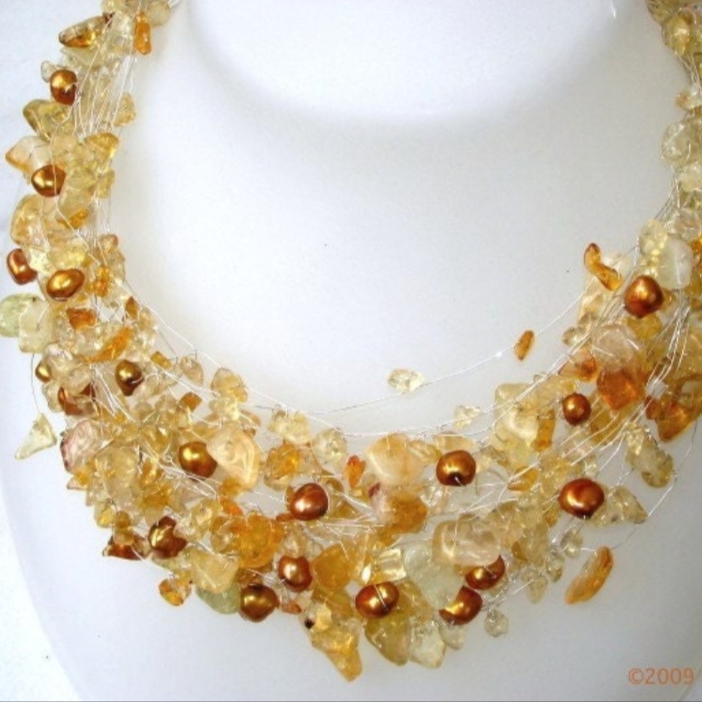 Statement Citrine and Pearl silver thick collar choker necklace adjustable - Picture 2 of 7